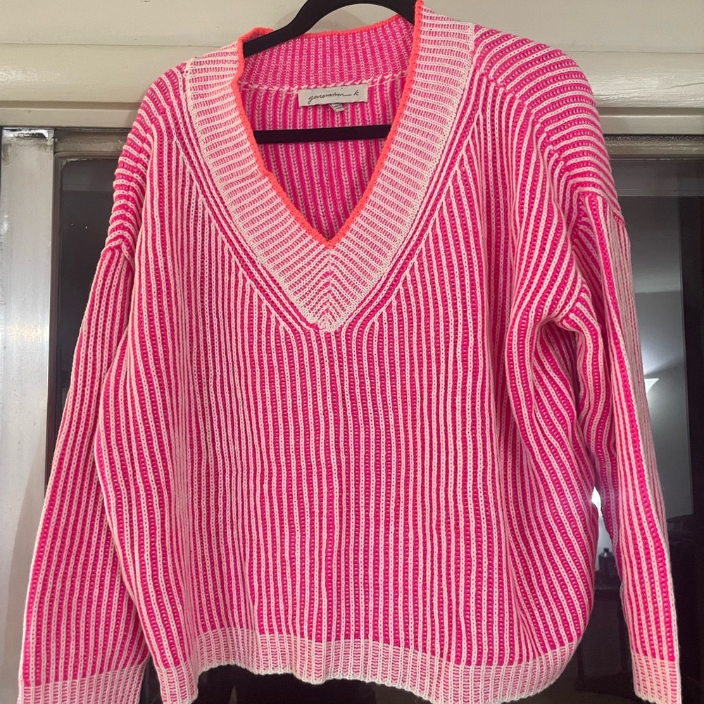 Pink and White V-Neck Sweater